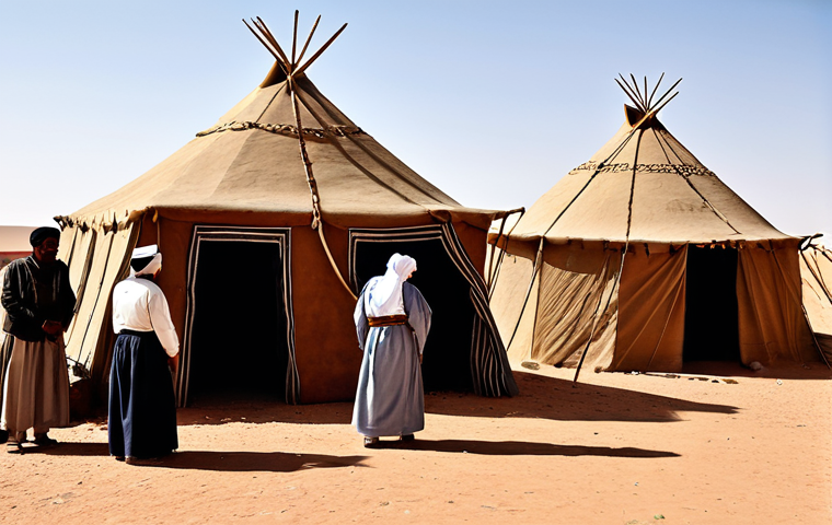**

A professional and informative historical scene depicting the Spanish colonization of Western Sahara. Show a fully clothed Sahrawi group interacting with Spanish colonizers in a modest and respectful manner. The environment includes traditional Sahrawi tents and a Spanish colonial outpost. The scene should evoke a sense of cultural exchange and historical accuracy, fully clothed, appropriate content, safe for work, perfect anatomy, natural proportions, professional, family-friendly.

**