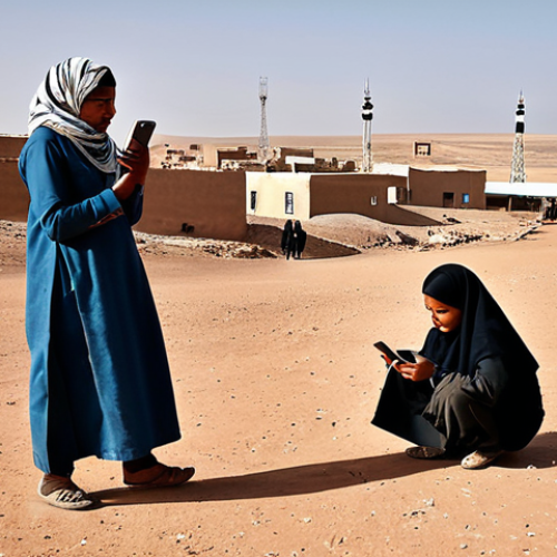 Home 10 **A remote village in Western Sahara, fully clothed inhabitants using basic mobile phones under a 2G tower, modest clothing, arid landscape, safe for work, appropriate content, perfect anatomy, natural proportions, family-friendly.**