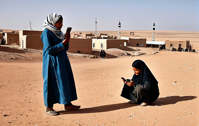 **A remote village in Western Sahara, fully clothed inhabitants using basic mobile phones under a 2G tower, modest clothing, arid landscape, safe for work, appropriate content, perfect anatomy, natural proportions, family-friendly.**